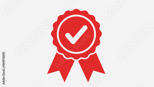 A blue ribbon with a checkmark icon symbolizing approval and validation on a white background from a straightforward viewpoint.