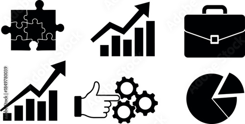 Black flat icon set showing business growth chart upward arrow briefcase puzzle thumbs up and pie chart symbols vector illustration