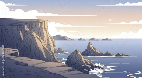 Coastal Cliffs and Serene Ocean Landscape Illustration.