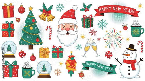Christmas and New Year Celebration Elements Set with Santa Claus and Decorations