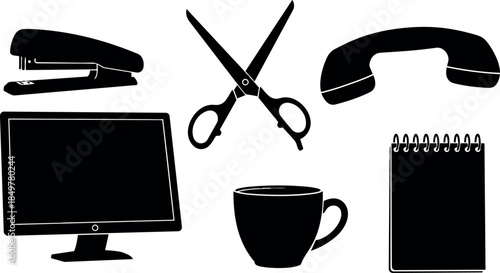 Black silhouette flat design office desk items with stapler scissors telephone monitor coffee cup notepad