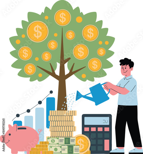 Illustration of financial growth with investment tree, ideal for savings, wealth management, and economic planning design projects.