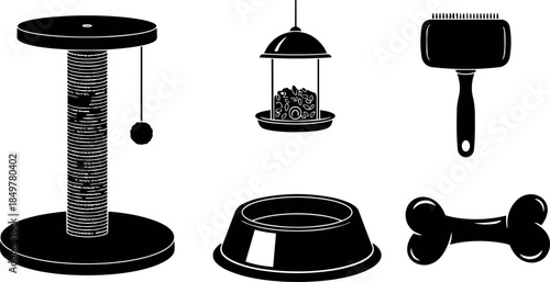 Silhouette set of cat scratching post hanging ball feeder grooming brush food bowl and bone toy icons in flat design