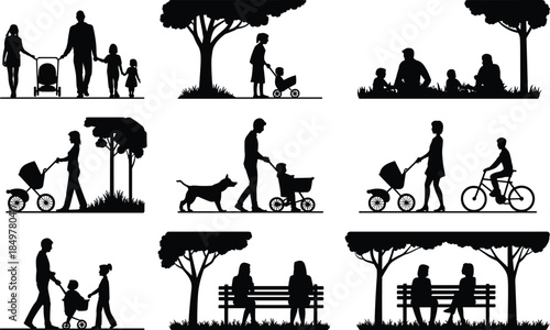 Park scene silhouettes of families and individuals with strollers, dogs, and benches, ideal for lifestyle and community design projects.