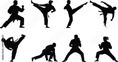 Martial arts silhouette icons showing dynamic poses and techniques, ideal for sports, fitness, and combat-themed design projects.