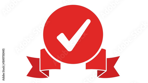 A blue ribbon with a checkmark icon symbolizing approval and validation on a white background from a straightforward viewpoint.