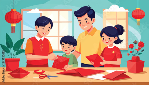 People make handicrafts in the form of red envelopes for Chinese New Year celebrations.