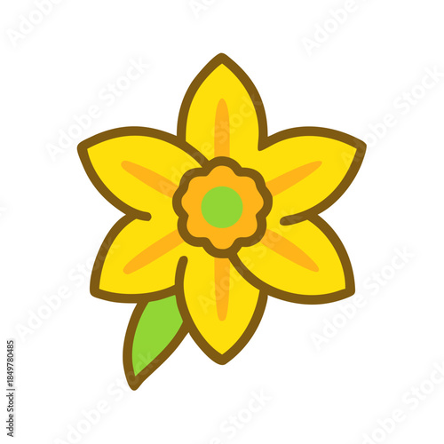 Bright yellow daffodil flower with green leaf on a white background for spring design

