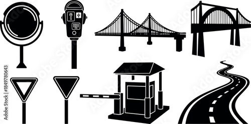 Black and white silhouette vector icons of mirror, parking meter, bridge, toll booth, and winding road in minimalist flat design style