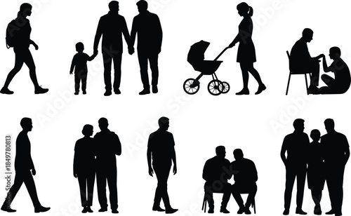 Silhouette icons of people in various poses and interactions, ideal for family, lifestyle, and social behavior illustrations.