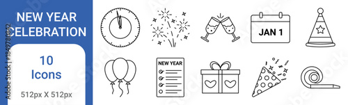 New Year Celebration Outline Icons for Event Planning and Mobile UI