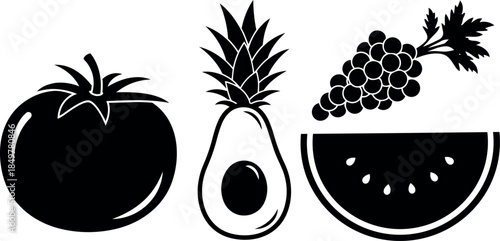 Black silhouette flat design of tomato pineapple avocado grapes and watermelon slice isolated on white background