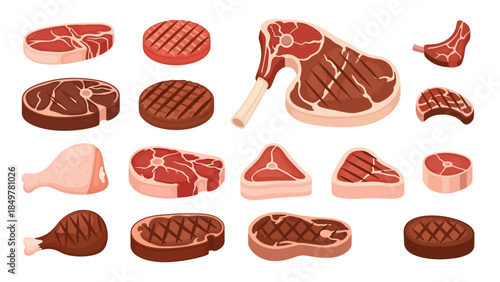 A vibrant assortment of stylized meat illustrations, showcasing everything from raw marbled beef steaks and pink chicken drumsticks to perfectly seared burger patties with appetizing grill marks