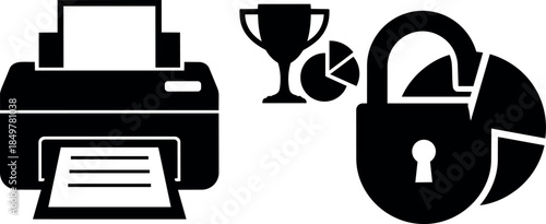Black flat design printer icon printing document with trophy and pie chart lock security symbol illustration