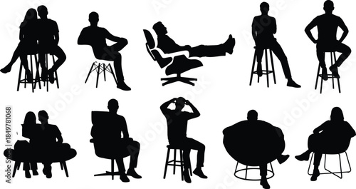 Silhouettes of seated individuals on various chairs and stools, ideal for posture, furniture, and social interaction design projects.