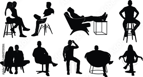 Silhouettes of seated individuals on various chairs, ideal for posture studies, social interaction, and furniture design illustrations.