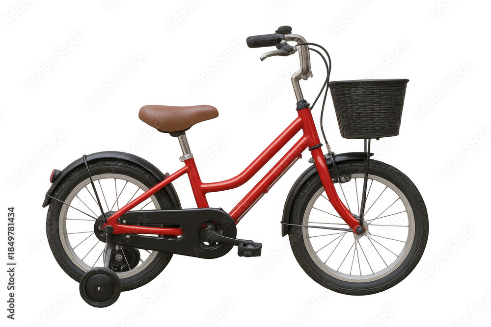 Fototapeta premium Red children's bicycle with training wheels and front basket for learning to ride, isolated on transparent background