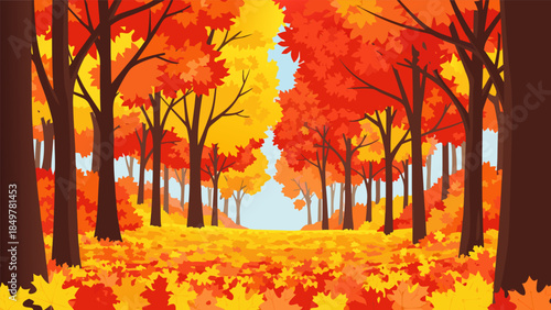 Vibrant autumn forest illustration with a scenic path through colorful fall foliage, depicting a beautiful seasonal landscape adorned with warm hues and serene natural beauty