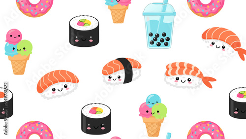 Adorable seamless pattern of kawaii food featuring happy sushi, sweet ice cream, colorful donuts, and refreshing bubble tea for playful designs