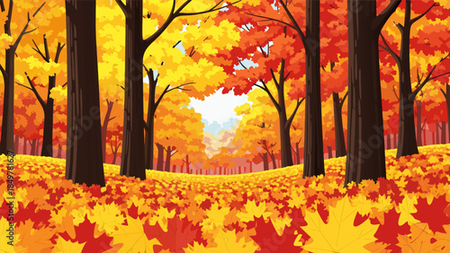 Lush autumn forest pathway adorned with a vibrant array of golden, amber, and fiery red leaves, creating a picturesque natural landscape illustration