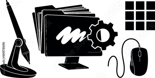 Black silhouette vector art of computer screen with folders gear mouse and drafting compass technical design icons
