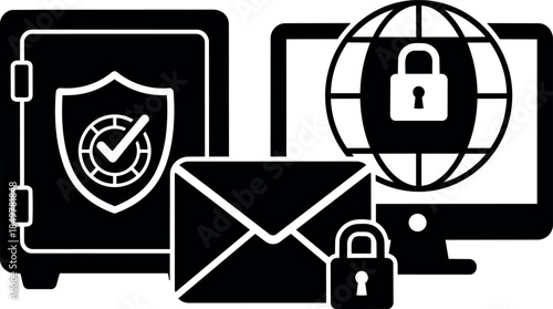 Black flat icon of secure safe deposit, shield with checkmark, locked envelope, and globe with padlock on computer screen