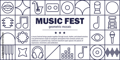 Line poster with music festival mosaic party template.