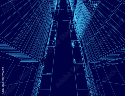 A city street blueprint features illuminated streetlights and tall building contours in the background.