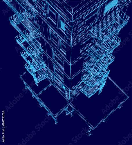 Blueprint of a tall building on a blue background, displaying the architectural contour and detailed structural layout.
