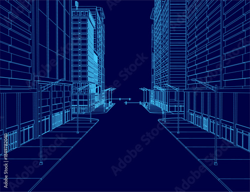 A blueprint-style city street contour glows at night with illuminated skyscrapers and a starry sky.