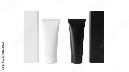 Set of white and black cosmetic tubes with packaging boxes mockup isolated on transparent background