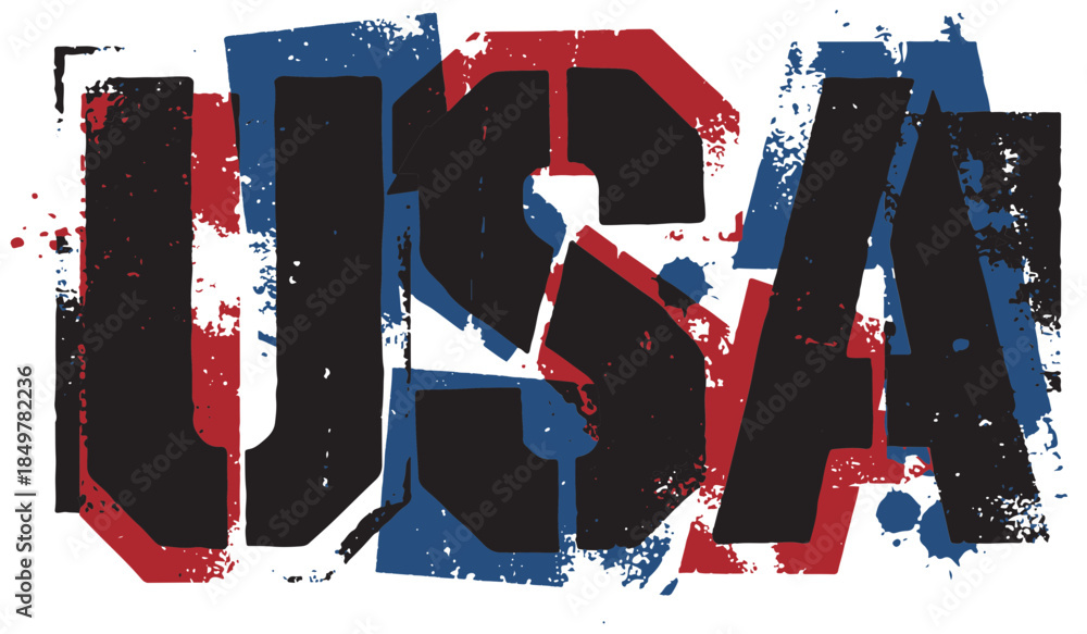 Obraz premium Dynamic grunge artwork featuring bold USA lettering in red, white, and blue with distressed texture and paint splatters. Suitable for patriotism, national branding, sports, and events