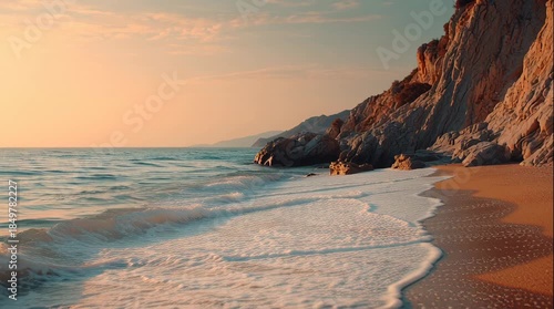 Capturing a Serene Beach Scene with Gentle Waves at Sunset