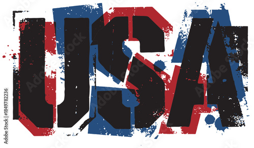Dynamic grunge artwork featuring bold USA lettering in red, white, and blue with distressed texture and paint splatters. Suitable for patriotism, national branding, sports, and events