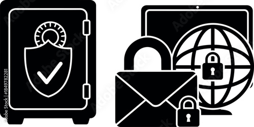 Black secure safe and locked envelope with globe icon representing data protection and cybersecurity concepts
