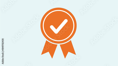 A blue ribbon with a checkmark icon symbolizing approval and validation on a white background from a straightforward viewpoint.