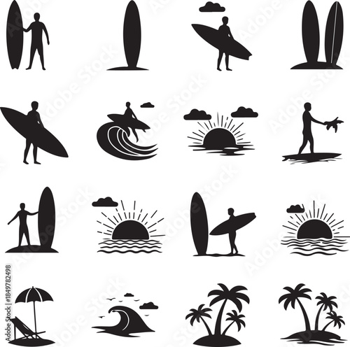 Collection of Surfing Silhouettes and Beach Icons in Black and White