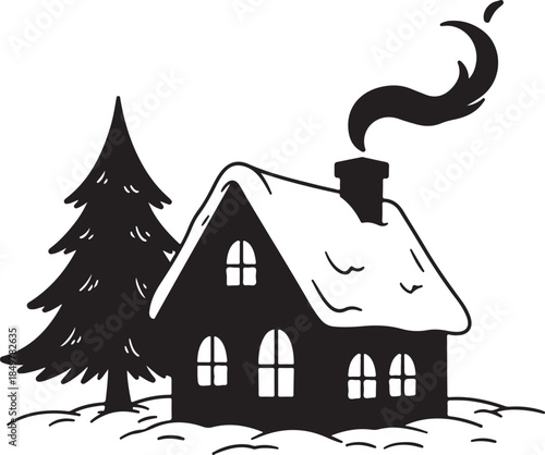 Cozy Cottage in Winter Snow with Smoking Chimney