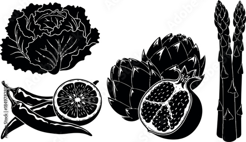 Black silhouette vector art of chili pepper with lime slice cabbage artichoke pomegranate and asparagus bundle