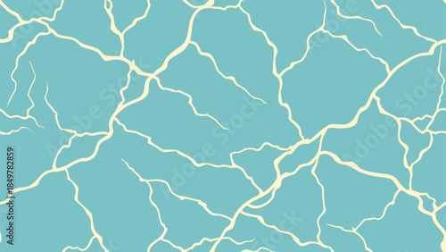 A delicate intricate pattern of light beige cracks spread across a smooth calming turquoise blue background