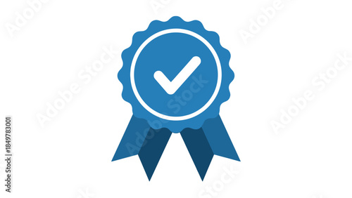 A blue ribbon with a checkmark icon symbolizing approval and validation on a white background from a straightforward viewpoint.