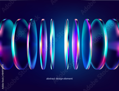 3D glass circle and ovals. Transparent iridescent geometric shapes on  dark background. Abstract vector elements for poster and presentation design.