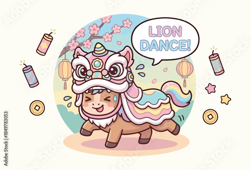A cute kawaii sticker of a playful horse performing a traditional lion dance with a "Lion Dance!" speech bubble