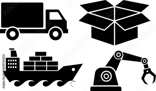 Black silhouette icons of delivery truck open box cargo ship and robotic claw arm set in flat design style