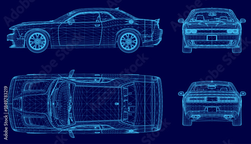 Blueprint wireframe of a car design displayed on a solid blue background, highlighting the vehicle's detailed technical structure and engineering layout.