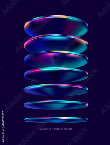 3D glass circle and ovals. Transparent iridescent geometric shapes on  dark background. Abstract vector design elements.