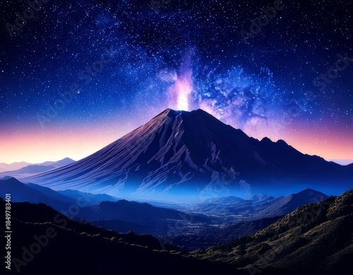 Majestic volcanic mountain range erupting at night under a star-filled indigo sky