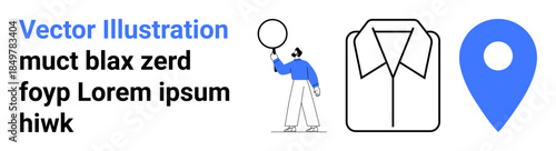 Person holding balloon, shirt outline, oversized map marker. Ideal for fashion, navigation, celebration, event, branding, location-based services simple landing page