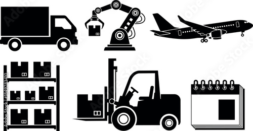 Silhouette logistics icons including delivery truck, robotic arm, airplane landing, warehouse shelves, forklift loading, and calendar vector illustration