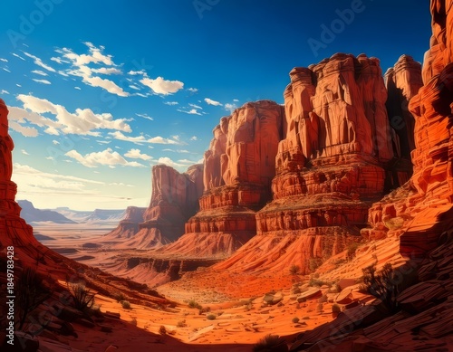 Towering sandstone cliffs showcasing intricate erosion patterns and vibrant red ochre under a vast blue sky with scattered clouds.